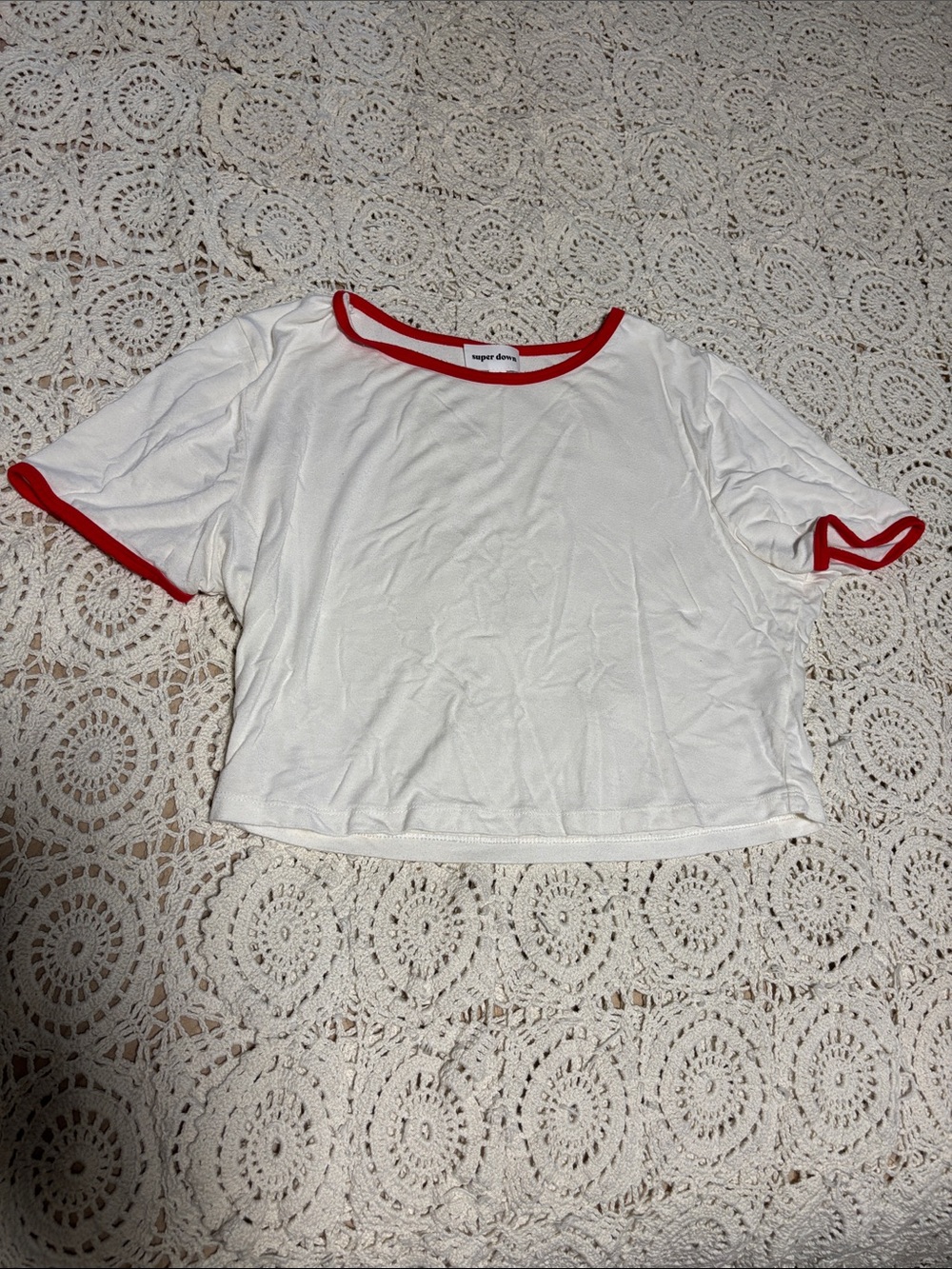 superdown White Crop Tee with Red Trim